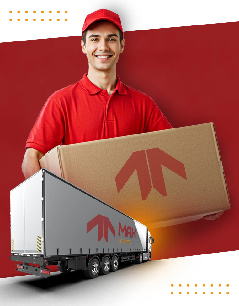 A MAK logistic employee holding an delivery product with MAK Logistics truck at the logistic company in Singapore