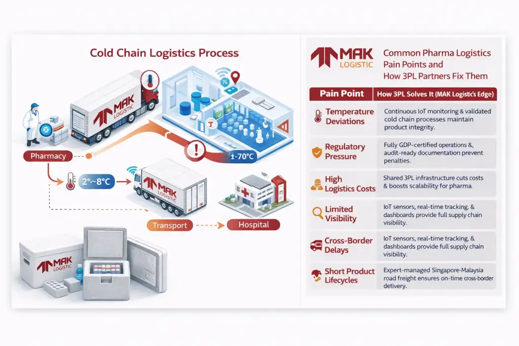 MAK Logistic infographic illustrating the cold chain logistics process for pharmaceutical products in Singapore, showing pharmacy-to-hospital delivery with temperature-controlled transport, and highlighting common pharma logistics pain points with 3PL solutions such as IoT monitoring, GDP compliance, and cross-border road freight